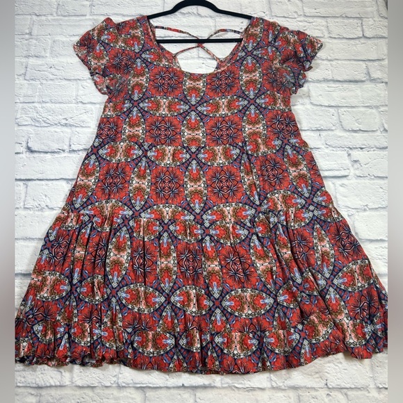 Balletcore JODIFL Red/Blue Patterned Mini Dress w/ Criss Cross Back. Size Large - Picture 7 of 9